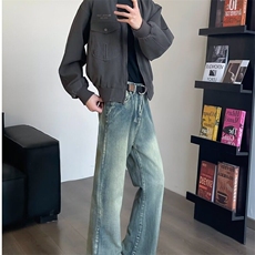 美式高街cleanfit猫须水洗牛仔裤男女潮牌直筒微喇vibe裤子B9004，男装牛仔裤，星座601-1