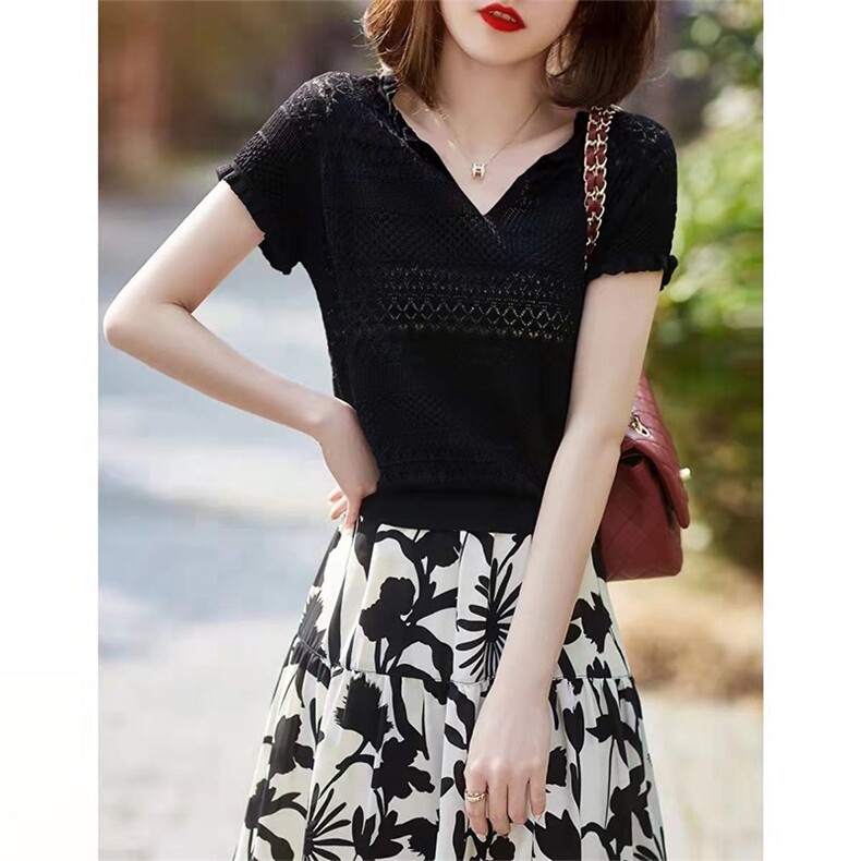 时尚洋气勾花镂空薄款短袖T恤女夏季宽松显瘦，女装针织衫/毛衣，圣旺供货