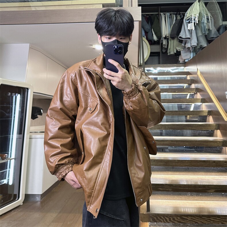 美式复古机车皮夹克秋冬季新款加绒pu皮宽松外套A436-W110-P95,男装夹克,电商A436