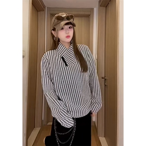 高品质春装新款老钱风美式高街鱼骨纹斜拉链解构高领卫衣长袖t恤图片
