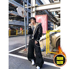 现货冬季美式潮牌痞帅PU皮机车服棉衣毛毛绒狼王座山雕皮棉服，男装棉衣，电商A486