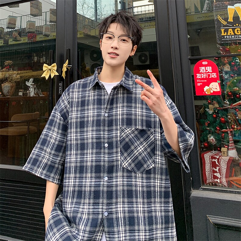 短袖衬衫男夏季新款磨毛格子衬衣DX711-特批25无差价,男装衬衫,星座214-3
