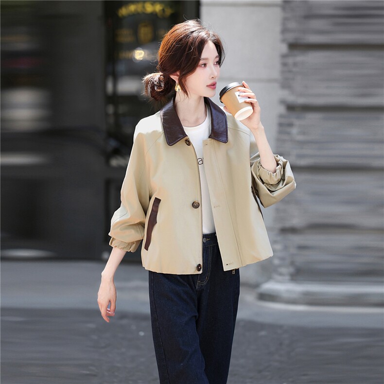 撞色短款风衣外套女2025年秋季新款韩版休闲长袖宽松风衣外套,女装风衣,鑫源服饰