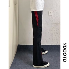斜杠三条纹红黑撞色拼接休闲长裤子小众直筒牛仔裤K71306-P36网图，男装牛仔裤，电商B245