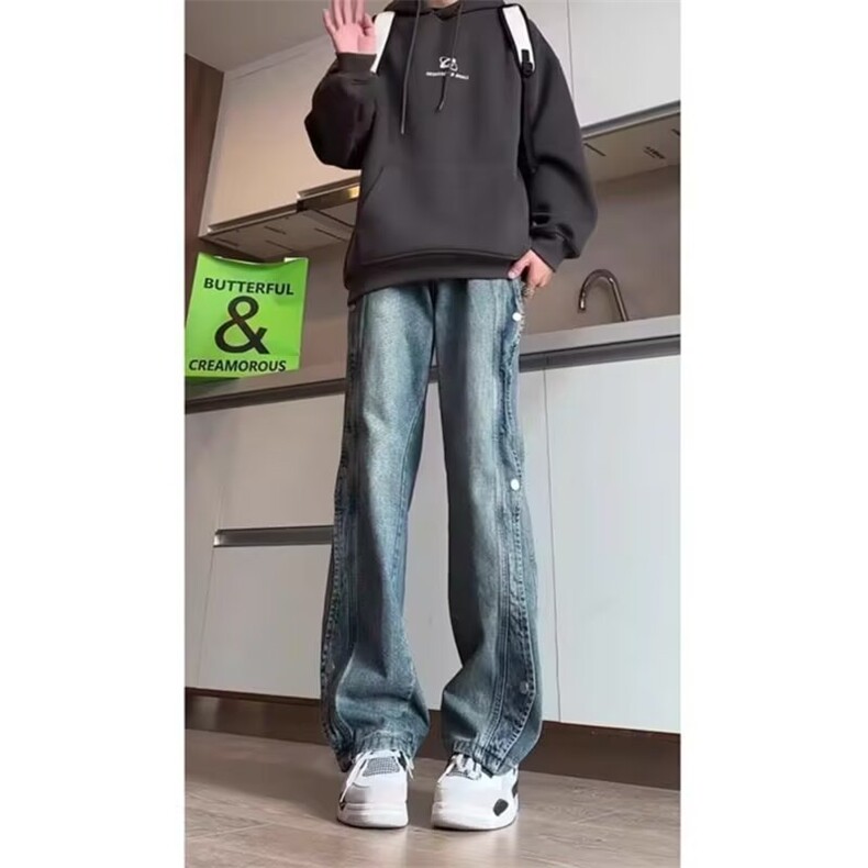 纽扣折叠微喇牛仔裤男潮牌痞帅长裤美式高街vibe弯刀裤WL7855-P49,男装牛仔裤,星座1008