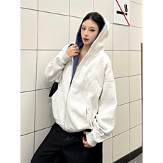 网图cleanfit双面穿格纹连帽卫衣男女款秋季美式拉链短宽外套P58，女装短外套，电商C306-1