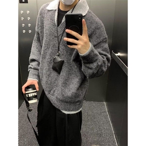 假两件V领针织polo衫男秋季拼色氛围感慵懒老钱风毛衣 M346图片