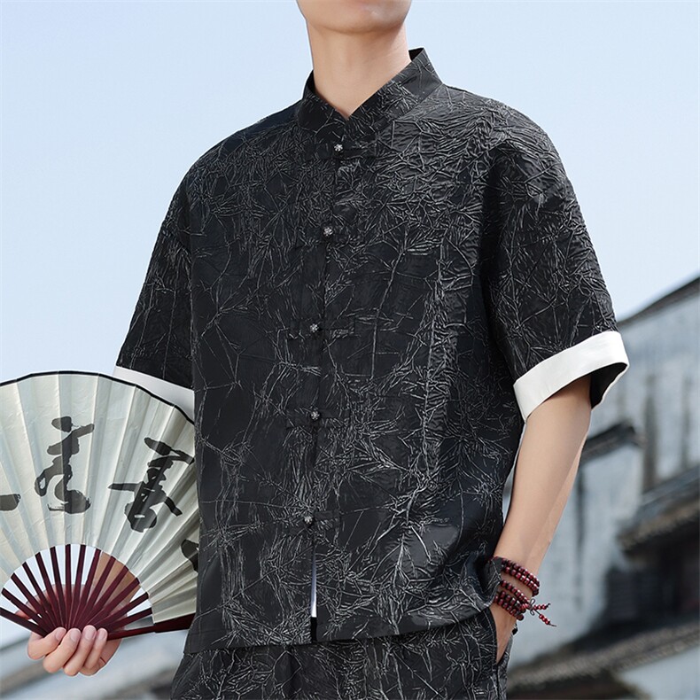 2025夏季新款男装新中式衬衣风金属盘扣拼接短袖衬衫C98-P60,男装衬衫,电商B277(原6028)