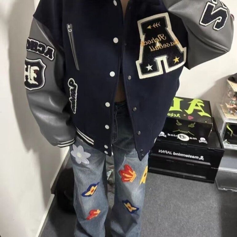 美式高街cleanfit立领重磅刺绣PU皮棒球服外套男夹克上衣 JK608图片