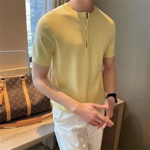 无领男短袖新款潮牌男装夏季薄款冰丝t恤针织衫 S325图片