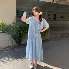 独特绝美蓝色衬衫半身裙女夏2025新款大方得体穿搭减龄，女装连衣裙，2C273