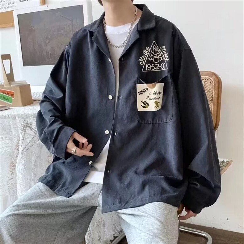 美式复古刺绣长袖衬衫男2023春季宽松休闲百搭工装上衣W6934-P33,男装衬衫,星座512-2