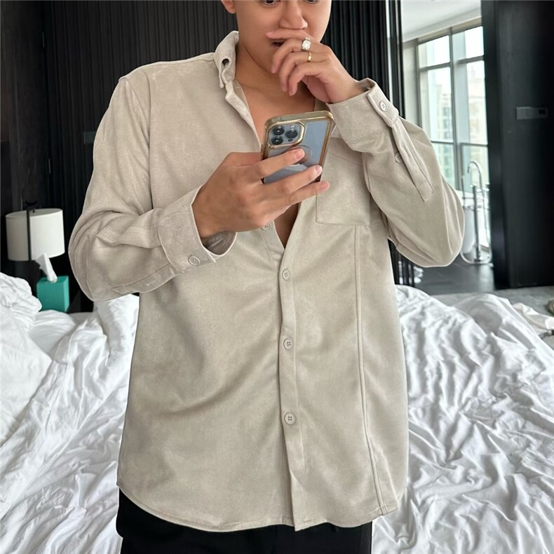 潮牌痞帅外套男士秋冬麂皮绒纯色内搭衬衫高街上衣服长袖衬衣,男装衬衫,星座506A