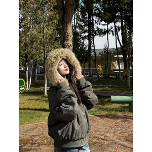 现货重磅boxy短款棉衣座山雕大毛毛领男女棉服水洗工装厚外套图片