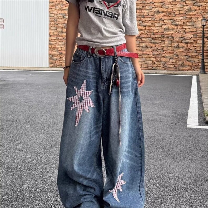 美式复古水洗星星贴布弯刀牛仔裤女春秋款高腰宽松慵懒风长裤图片