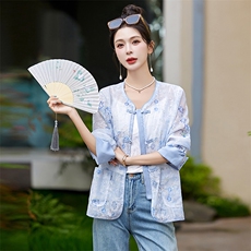 国风刺绣盘扣薄外套女夏季2024新款百搭小香风印花空调衫防晒上衣，女装短外套，韩宇舍