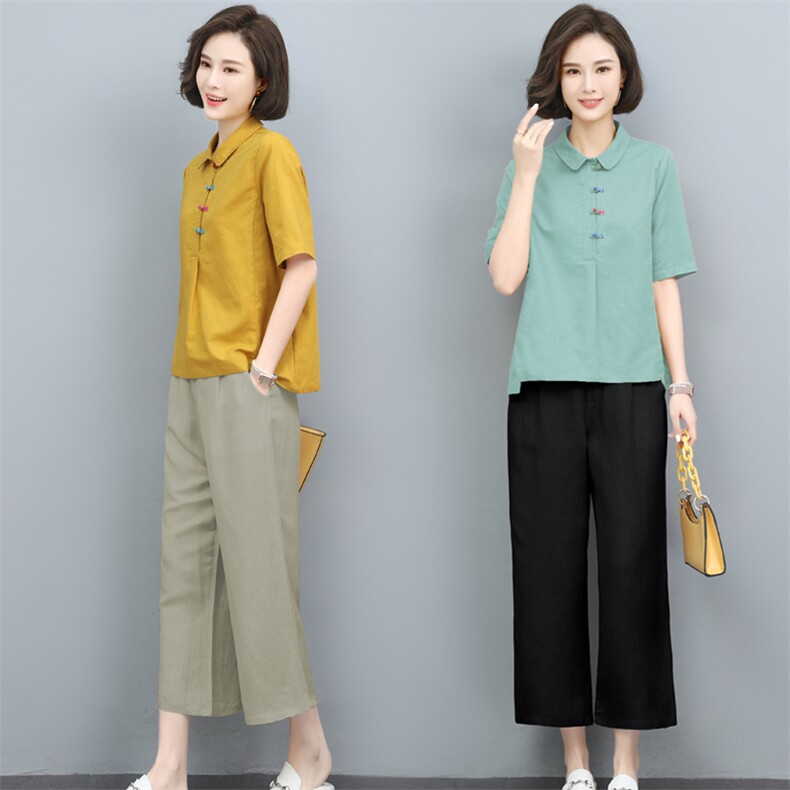 妈妈夏装2024新款太洋气时尚短袖棉麻套装中年女夫人一整套装,女装套装/套裙,璐依舞