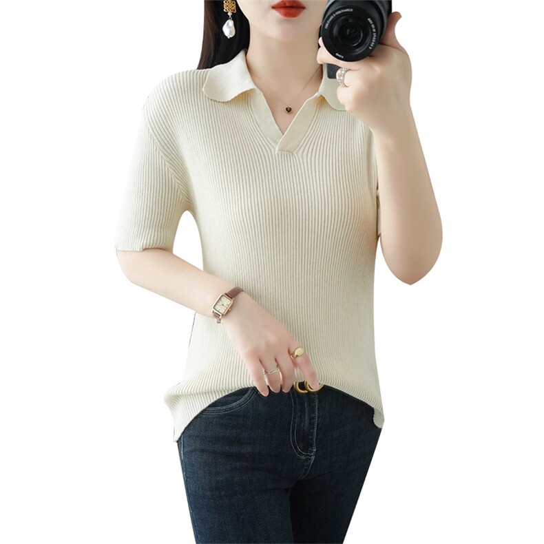100%纯棉25年夏新款女POLO领短袖针织衫修身打底百搭薄款半袖上衣,女装T恤,品高羊绒