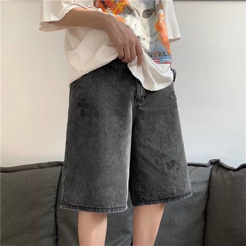 牛仔短裤男夏季港风新款松紧腰高街青少年宽松直筒休闲五分裤,男装牛仔裤,星座410-7