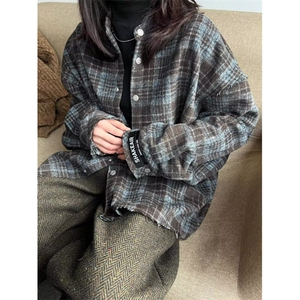 春季新款复古百搭慵懒小众格子立领长袖衬衫男女款 C341图片