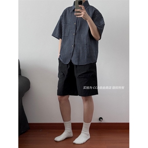 WE1660-P44 美式复古格子短袖衬衫男女夏季宽松休闲五分休闲衬衫图片