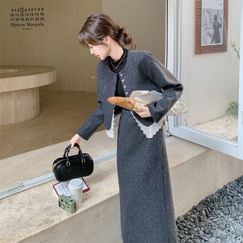 一整套秋冬穿搭高级感小香风毛呢套装女气质名媛女神范长裙两件套,女装套装/套裙,2C317