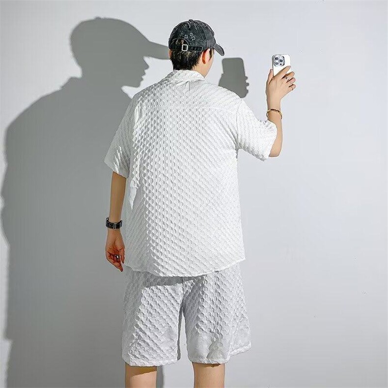 夏季冰丝短袖衬衫套装男士潮流2025新款休闲运动短裤穿搭一套衣服,男装衬衫,星座506
