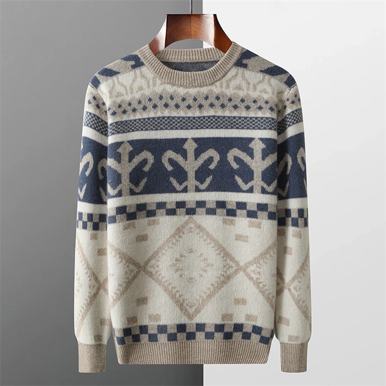 2024秋季男士新款简约百搭七针提花圆领羊毛衫，男装羊毛衫，江杉羊绒