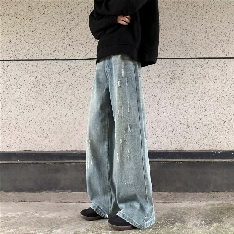 高腰常规美式复古牛仔裤宽松直筒百搭垂感微喇裤阔腿裤猫抓微破洞,男装休闲裤,星座1013