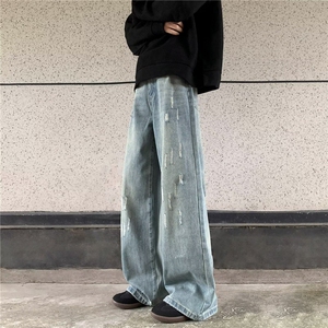 高腰常规美式复古牛仔裤宽松直筒百搭垂感微喇裤阔腿裤猫抓微破洞图片