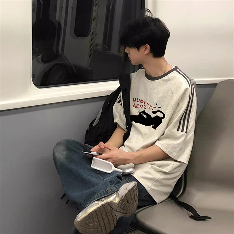 夏季美式高街重磅纯棉三条杠织带撞色男女短袖T恤ZD568-特P30,男装T恤,电商A486