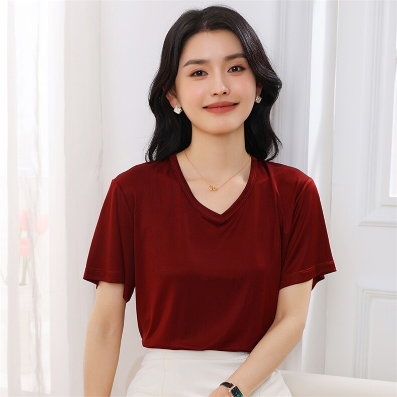 2025夏日本进口高级三醋酸圆领T恤女宽松显瘦V短袖真丝气质上衣,女装T恤,伊绒腾羊绒