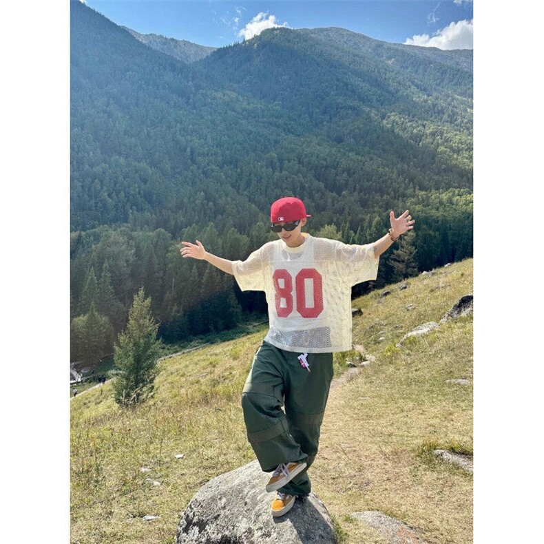 现货马思唯同款印花橄榄球服镂空网眼宽松男女短袖T恤T197/特P32,男装T恤,星座205-3