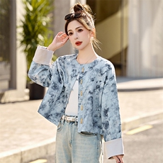 新中式国风提花外套女2025春季新款水墨画唐装年轻款短款开衫上衣，女装短外套，伊仟回