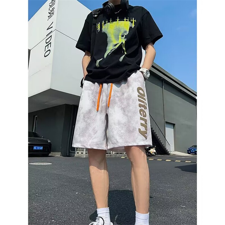 高街潮牌扎染短裤男美式发泡字母运动五分裤青少年学生休闲沙滩裤,男装牛仔裤,星座506A