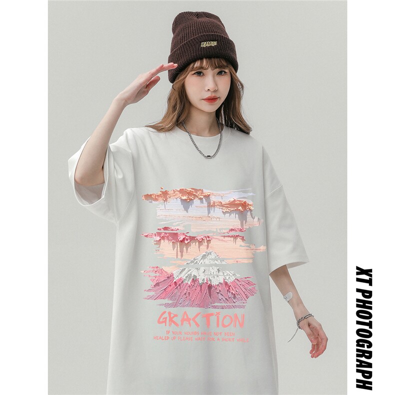 中性风23新款夏季油画复古印花圆领时尚百搭短袖T恤T1143P25控38图片