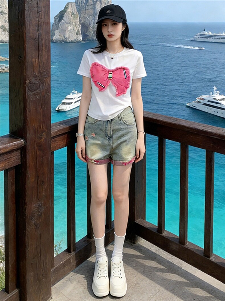 学院风网红时尚套装女夏款圆领刺绣蝴蝶结短袖阔腿牛仔短裤两件套,女装套装/套裙,江南