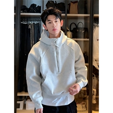 美式潮牌重磅加绒加厚半拉链连帽卫衣男士冬季短款cleanfit套头衫，男装卫衣，四季星座505