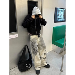 1506-1/K80521/P54个性字母牛仔裤嘻哈ins潮高街潮流痞帅长裤男女图片