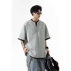 夏季2025新款罗纹拼接假2件亨利领短袖T恤xz906-Y137P45控78，男装T恤，星座906（原电商a316-1）