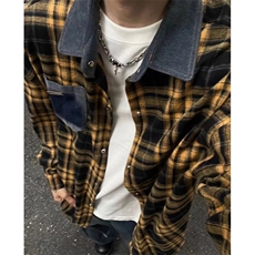 CS29-P50春秋美式男女格子拼接长袖衬衫牛仔拼接开衫外套，男装衬衫，电商B327