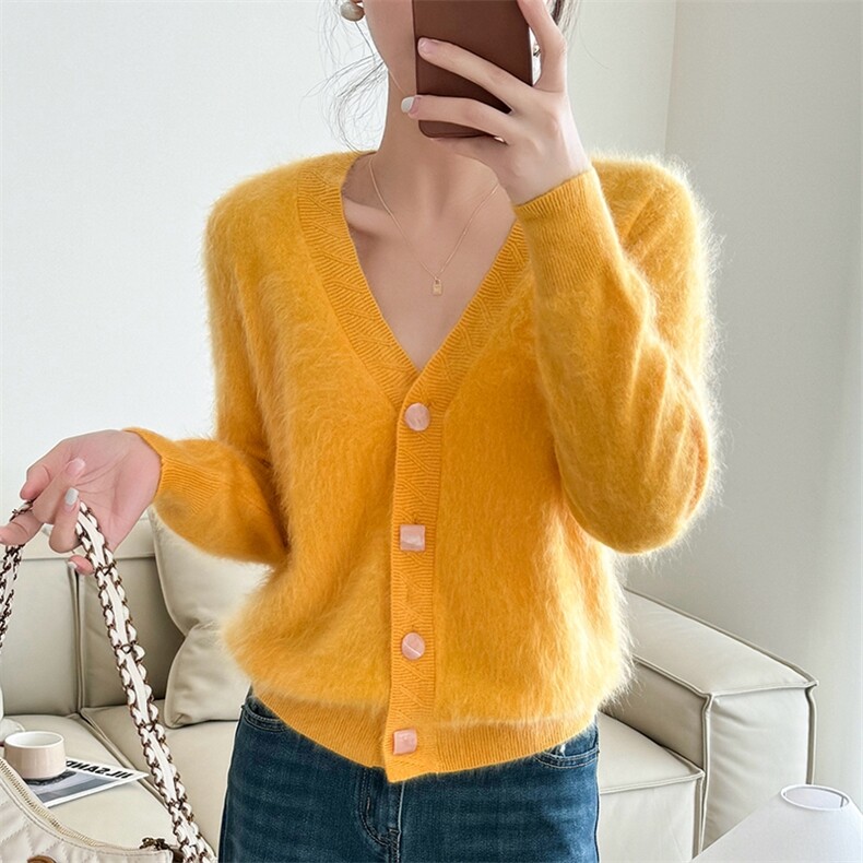 羊范拉绒系列~绒中贵族羊绒V领开衫女高级异形扣软糯针织衫，女装羊绒衫，仟禧羊绒