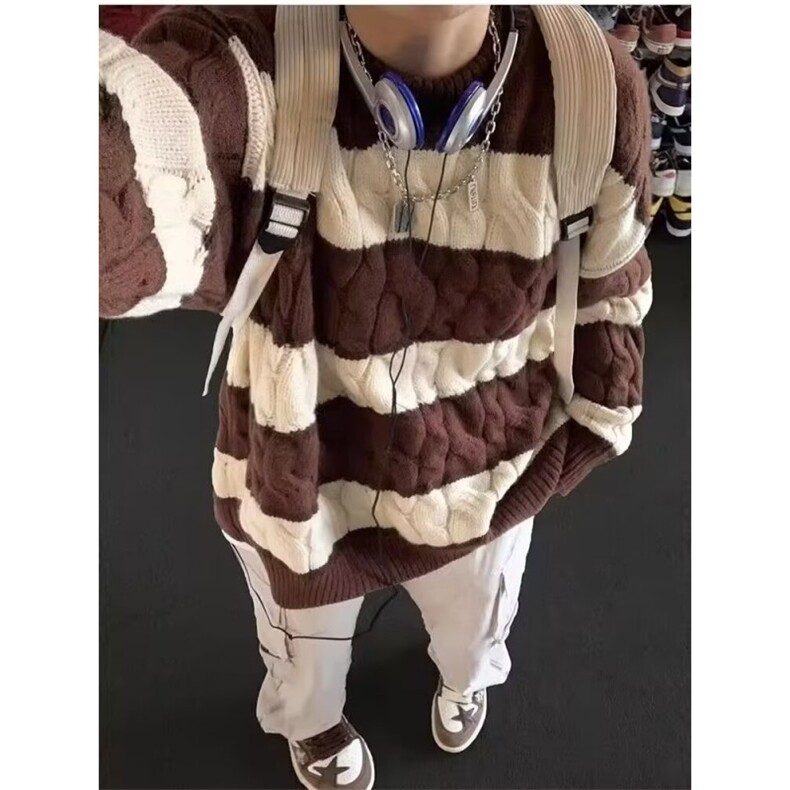 森系麻花条纹毛衣外套男秋冬季2025新款日系复古宽松慵懒风针织衫，男装针织衫/毛衣，星座506A