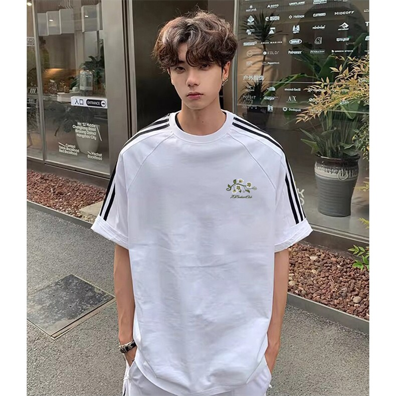 抖音得物高品质二开240克宽松纯棉美式潮牌三条杠织带短袖T恤，男装T恤，电商A486-1