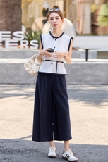 棉麻休闲阔腿裤套装女2025夏季新款撞色拼接无袖衬衫九分裤两件套，女装套装/套裙，魅影