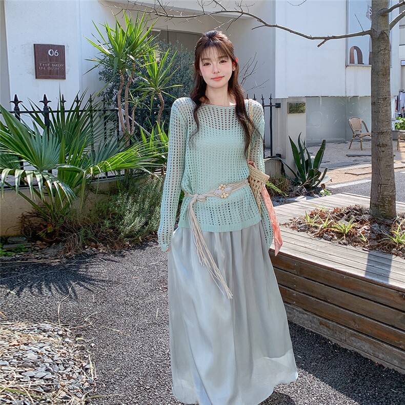 慵懒风绿色镂空防晒针织罩衫套装女2025夏季新款上衣半身裙两件套,女装套装/套裙,2C201