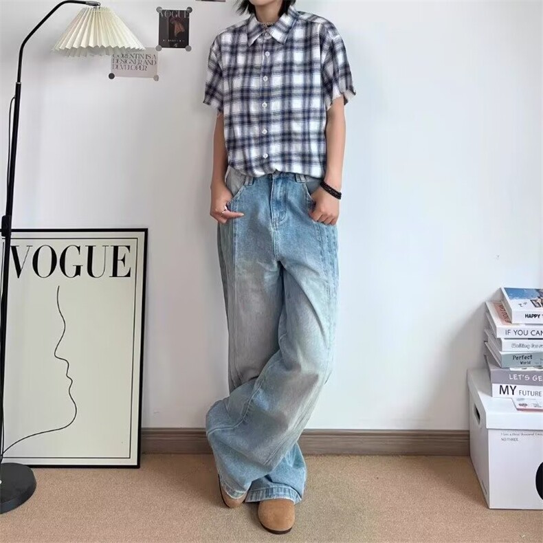2026美式高街复古水洗做旧拼接设计感牛仔裤男女宽松直筒阔腿长裤,男装牛仔裤,星座506A