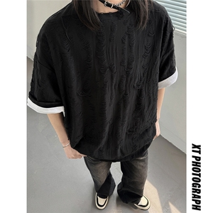 主推 高质量夏季破洞短袖重磅情侣t恤女设计感中性上衣 D247 P30图片