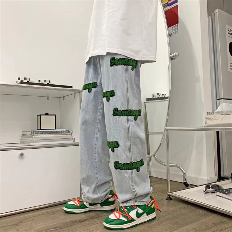 毛巾绣牛仔裤男春季ins潮牌高街直筒阔腿vibe长裤子N7101P50,男装牛仔裤,星座1116-2