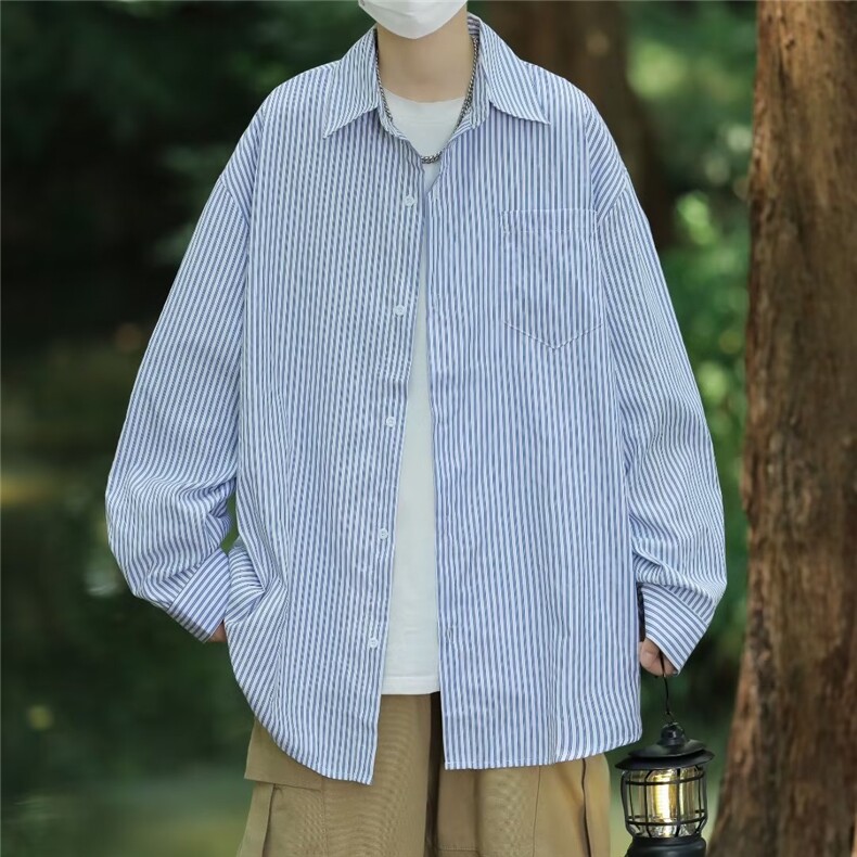 复古条纹衬衫男秋季新款日系潮牌宽松休闲衬衣外套少年感,男装衬衫,星座716-2